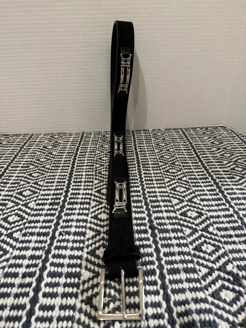 STACY ADAMS Black Grain Leather Belt with Silver Buckle Chain Accent